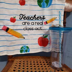 Mud Pie Teacher Plastic Tumbler and Cotton Kitchen Towel Set Choose Color NEW